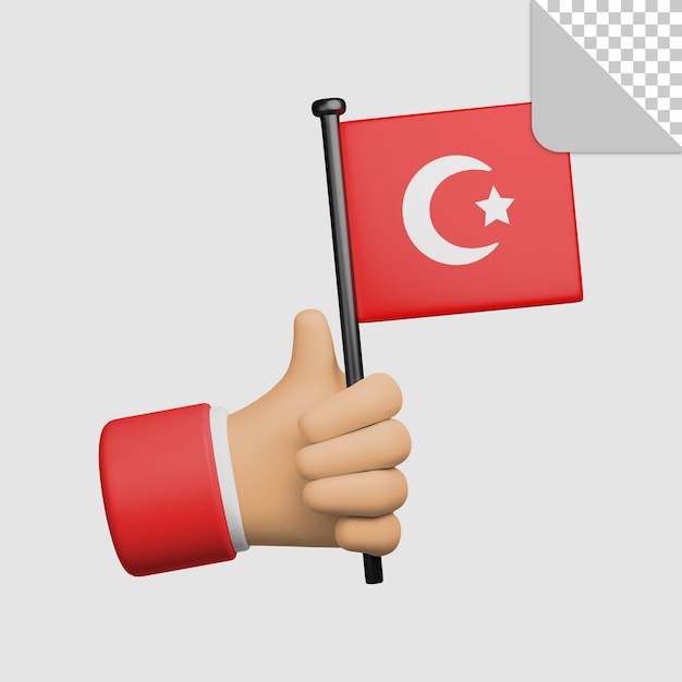 Ilustración 3d de la mano que sostiene la bandera de Turquía