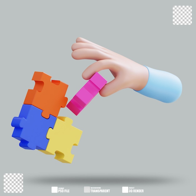 Ilustración 3D mano con rompecabezas 3