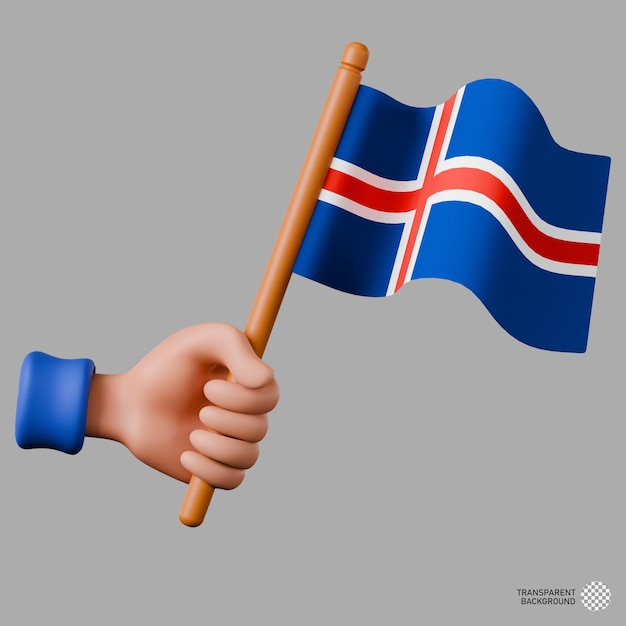 Ilustración en 3D de una mano sosteniendo la bandera de Islandia
