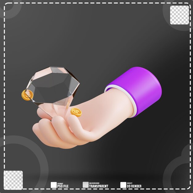 Ilustración 3d de una mano sosteniendo un diamante 3
