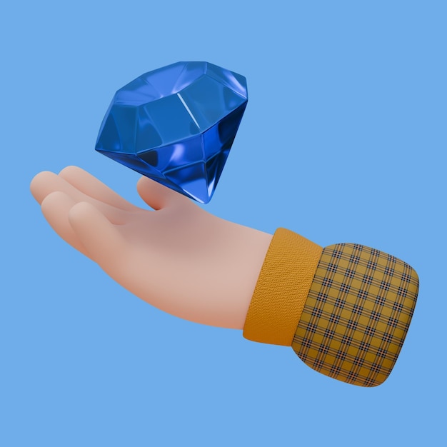 Ilustración 3D de una mano sosteniendo un diamante azul Concepto de joyería Diseño de iconos para web o aplicación