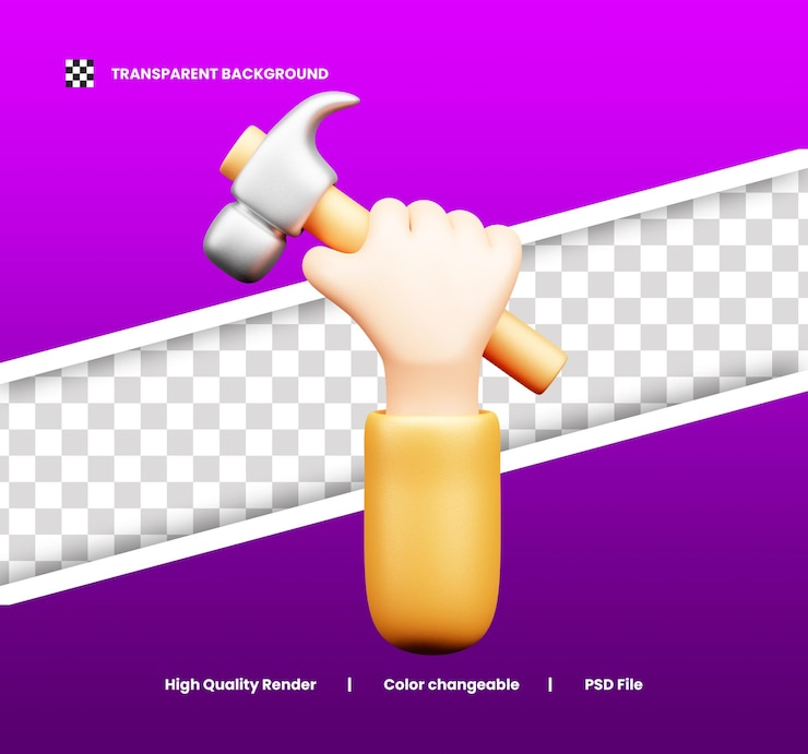 PSD ilustración 3d de la mano sosteniendo el martillo o icono 3d del día del trabajo