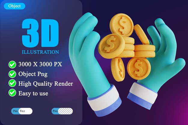 Ilustración 3D manos y monedas 3