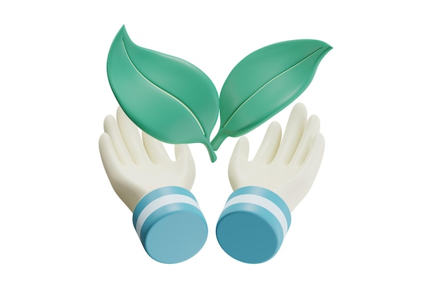 Ilustración 3D de manos sosteniendo hojas verdes