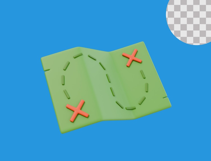 PSD ilustración 3d de un mapa del tesoro con puntos de geolocalización de lugares de acampada de viaje objeto aislado