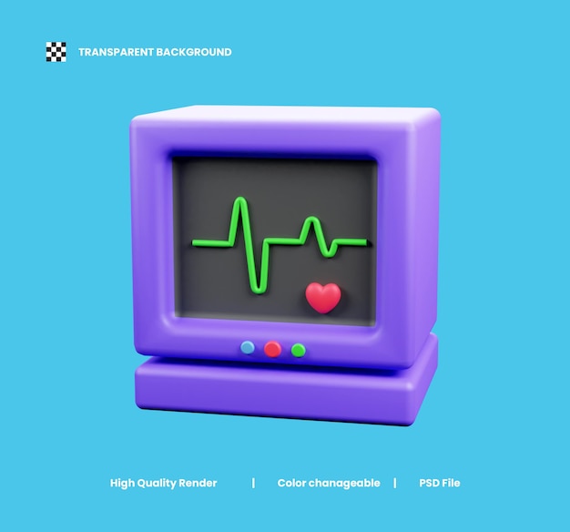 PSD ilustración 3d de la máquina de ecg o icono 3d de la máquina de ecg médica