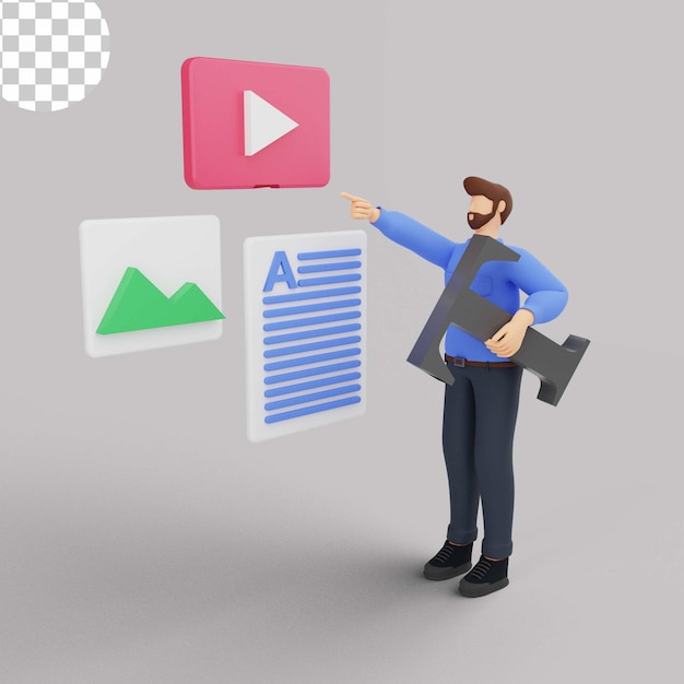 Ilustración 3d de marketing de contenidos con el hombre de azul