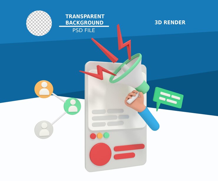 PSD ilustración 3d de marketing digital en smartphone