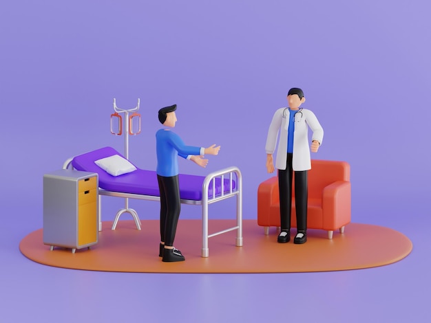 PSD ilustración 3d de un médico hablando con un paciente en una sala de hospital