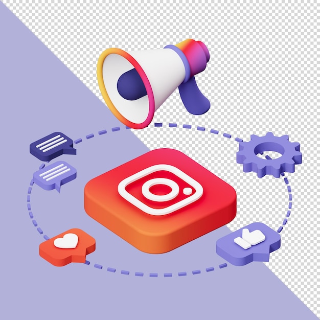Ilustración 3d de megáfono con icono de instagram para página de inicio o redes sociales