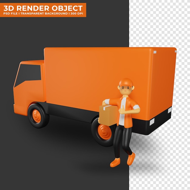 PSD ilustración 3d del mensajero del servicio de envío listo para entregar paquetes en camión