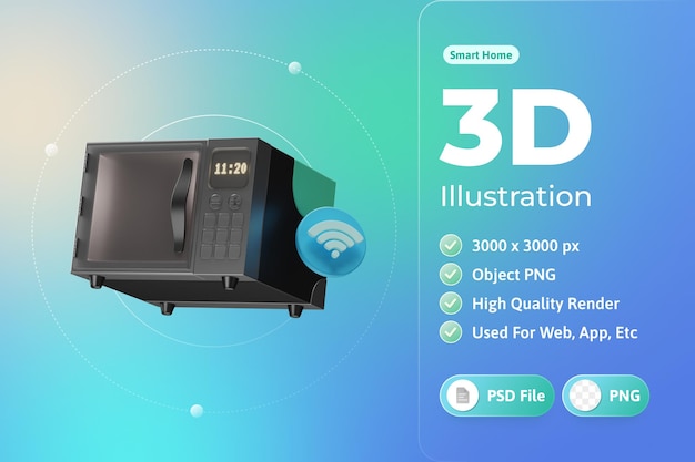 Ilustración 3d de microondas de hogar inteligente