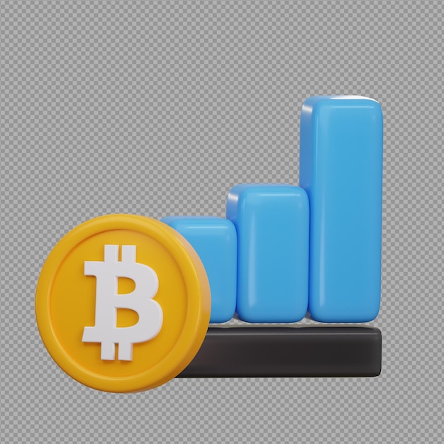 Ilustración 3D de una moneda amarilla de criptomoneda con gráfico de barras detrás de ella en un fondo transparente