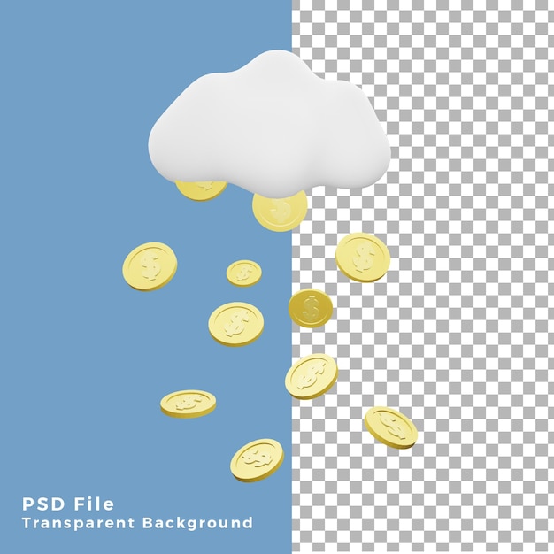 PSD ilustración 3d de monedas de lluvia de la nube