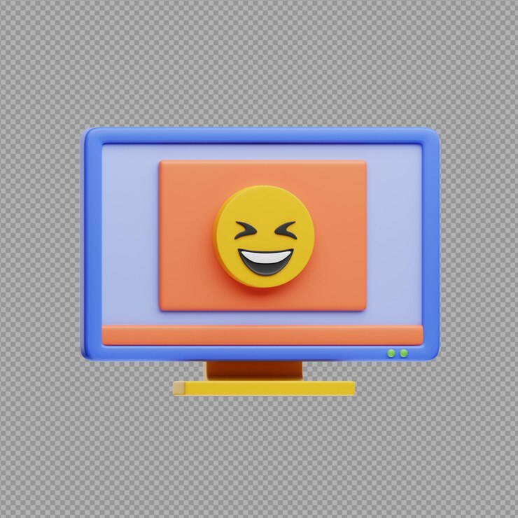 Ilustración 3D de un monitor de computadora con una cara sonriente en un fondo transparente