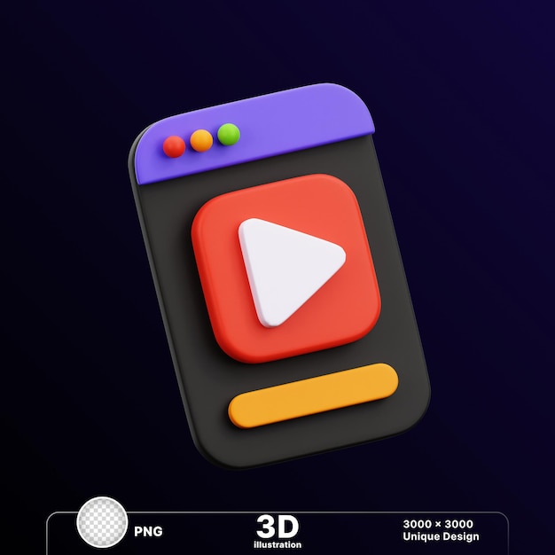 Ilustración 3D del monitor de pantalla negra con íconos y botones que muestran la reproducción en un fondo transparente