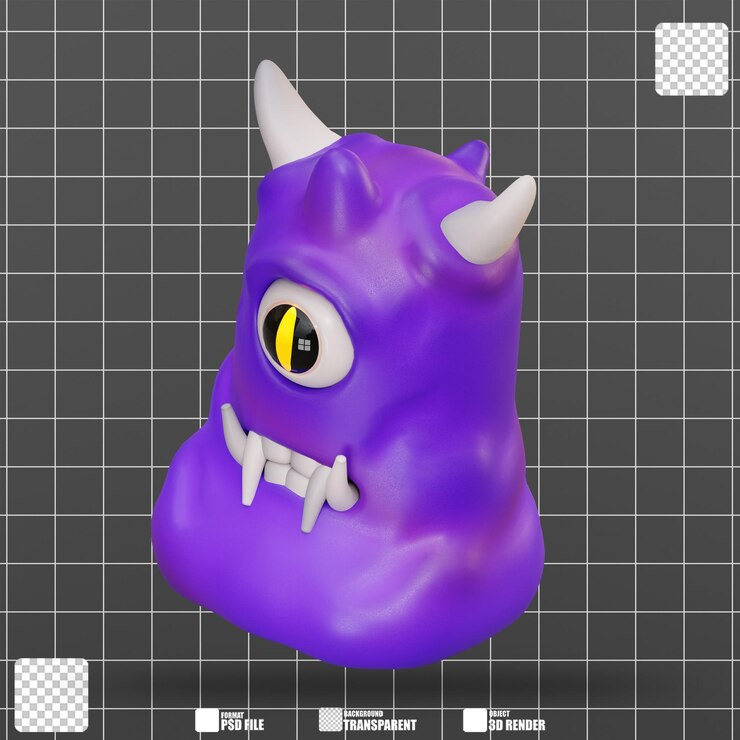 PSD ilustración 3d monstruo púrpura de un solo ojo tiene cuernos y dientes afilados