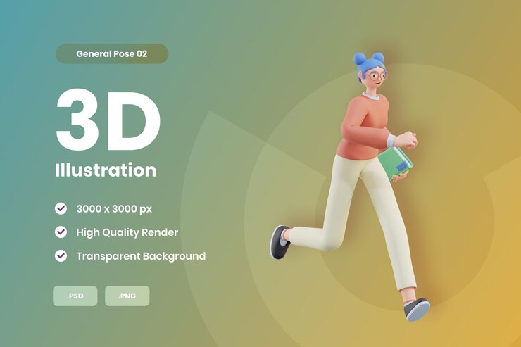 Ilustración 3D mujer corre mientras lleva un libro