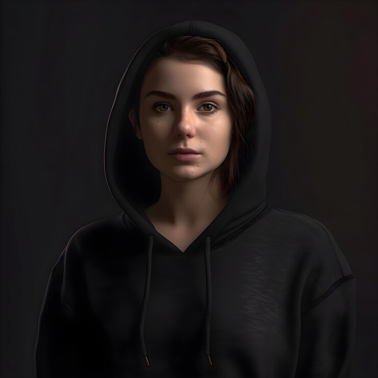 PSD ilustración en 3d de una mujer joven con una sudadera negra mirando a la cámara