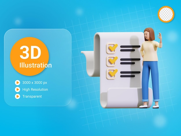 Ilustración 3d de una mujer mostrando la lista de comprobación del portapapeles