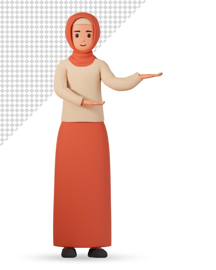 PSD ilustración 3d de mujer musulmana en hiyab mostrando con las manos en una dirección