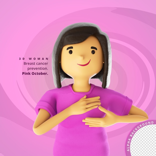 Ilustración 3d de mujer para la prevención del cáncer de mama maquillaje rosa de octubre