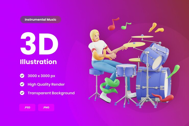 Ilustración 3D mujer tocando tambor musical