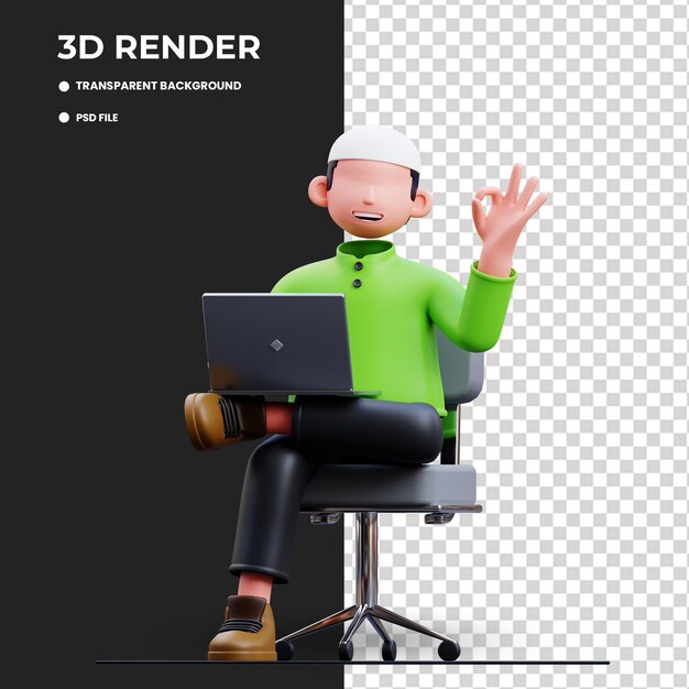 Ilustración 3D de un musulmán trabajando en una computadora portátil
