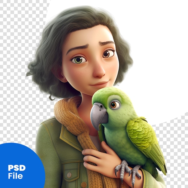 Ilustración 3d de una niña hermosa con una plantilla psd de loro verde