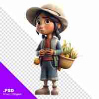 PSD ilustración 3d de una niña con sombrero y bolsa de verduras plantilla psd