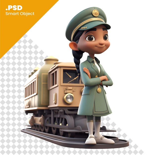 PSD ilustración en 3d de una niña en uniforme de policía con una plantilla de psd de tren