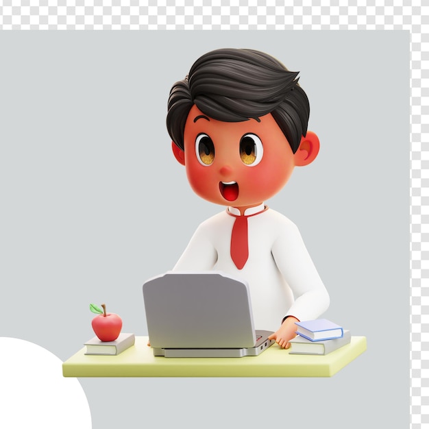Ilustración 3D Niño estudiante usando una computadora portátil