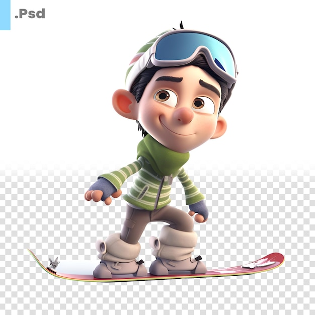 PSD ilustración 3d de un niño lindo con snowboard aislado en una plantilla psd de fondo blanco