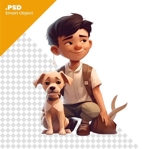 PSD ilustración 3d de un niño con un perro en una plantilla psd de fondo blanco