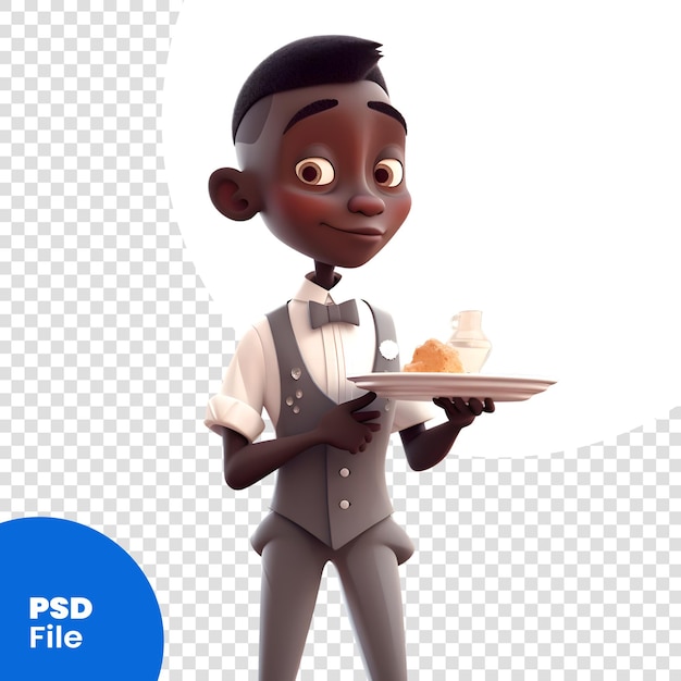 PSD ilustración 3d de un niño sosteniendo un plato con un pedazo de pastel plantilla psd