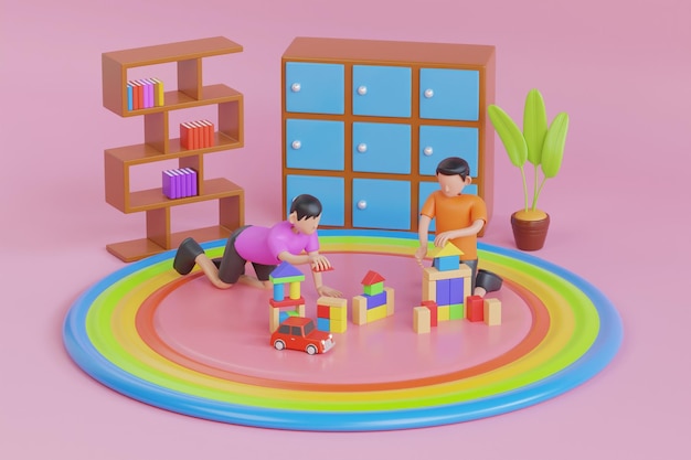 Ilustración 3d de niños jugando con bloques de juguete de colores jugando a la pila de bloques de madera de colores