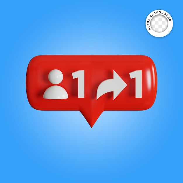 Ilustración 3D notificación de redes sociales 1 seguidor y 1 flecha para compartir
