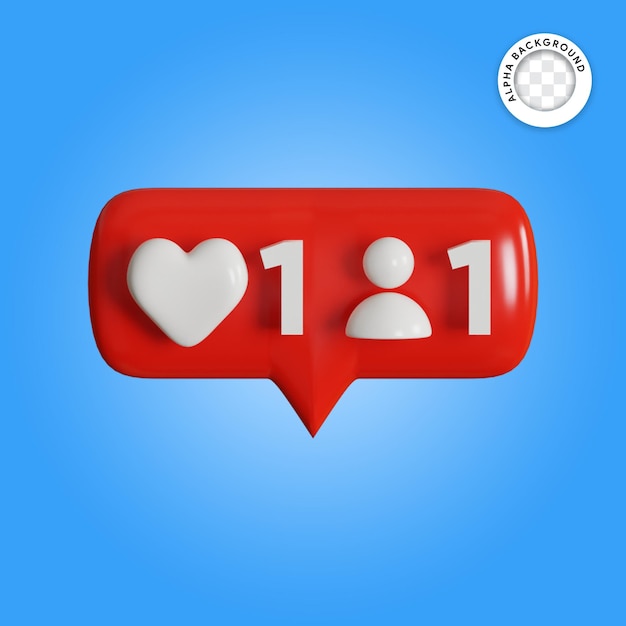 Ilustración 3D notificación de redes sociales me gusta y sigue