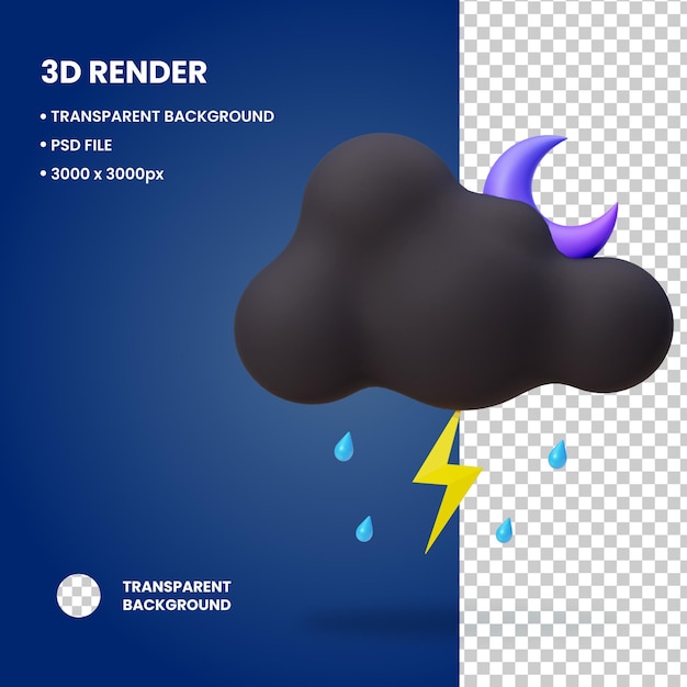 Ilustración en 3d nube de trueno nocturno con objeto luna media