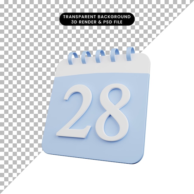 Ilustración 3d del número de calendario de objeto simple fecha 28