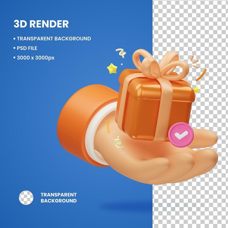 PSD ilustración 3d objeto de caja de regalos con la mano