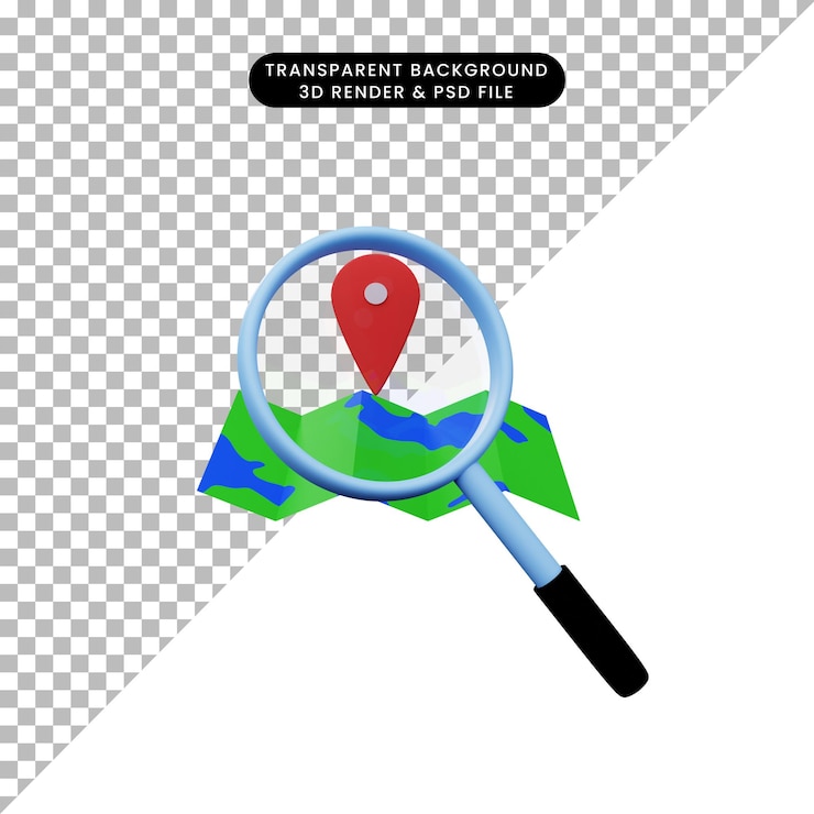 PSD ilustración 3d de un objeto simple lupa disparada al icono de mapa