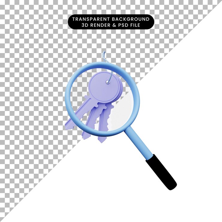 PSD ilustración 3d de un objeto simple lupa disparada a clave