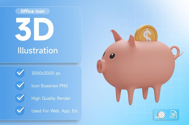 Ilustración 3D Oficina Ahorro de dinero de cerdo