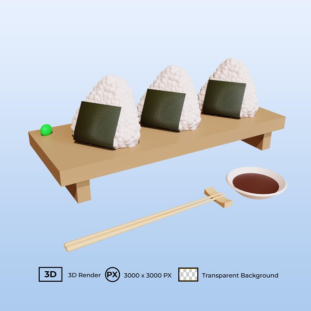 Ilustración 3D Onigiri de comida japonesa en placa