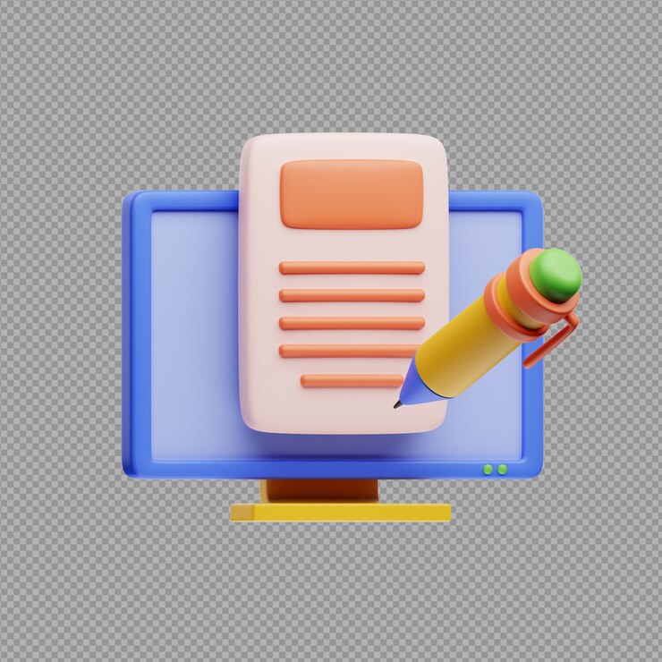 PSD ilustración 3d de una pantalla de computadora con un bloc de letras y un lápiz en un fondo transparente