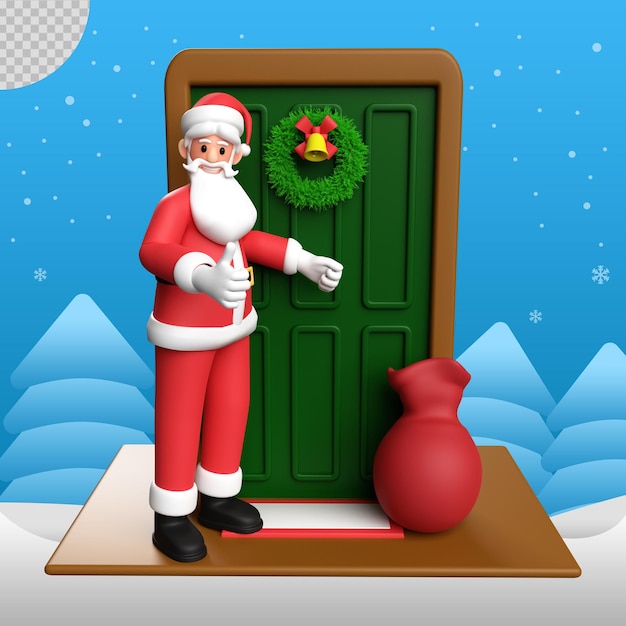 PSD ilustración 3d de papá noel en la puerta