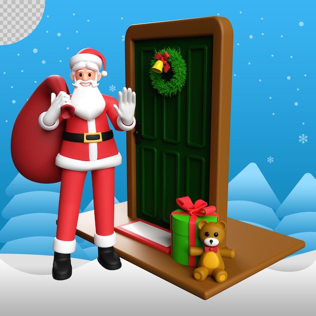 Ilustración 3D de Papá Noel en la puerta