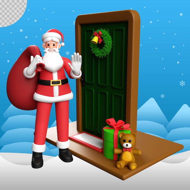 PSD ilustración 3d de papá noel en la puerta