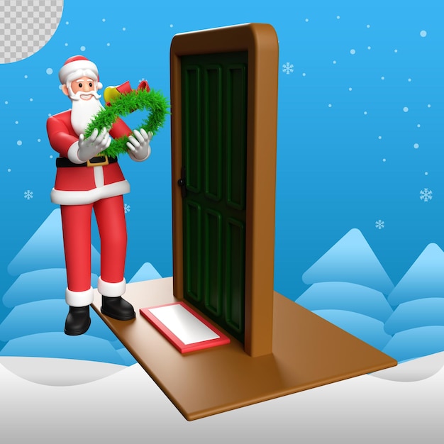 PSD ilustración 3d de papá noel en la puerta